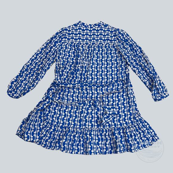 ZARA S Blue & White Swirl Print Wrap Dress | Belted, Long Sleeve, Pleated Hem - Picture 3 of 10